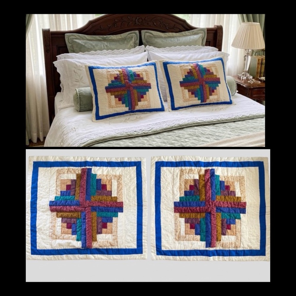 2 Vintage Log Cabin Handmade Blue-Trim Multicolor Patchwork Pillow Shams 23x18